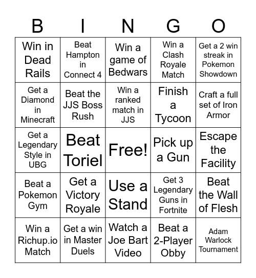 Adam Bingo Card