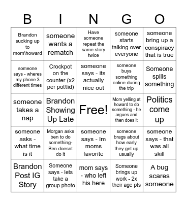 Family Weekend Bingo Card