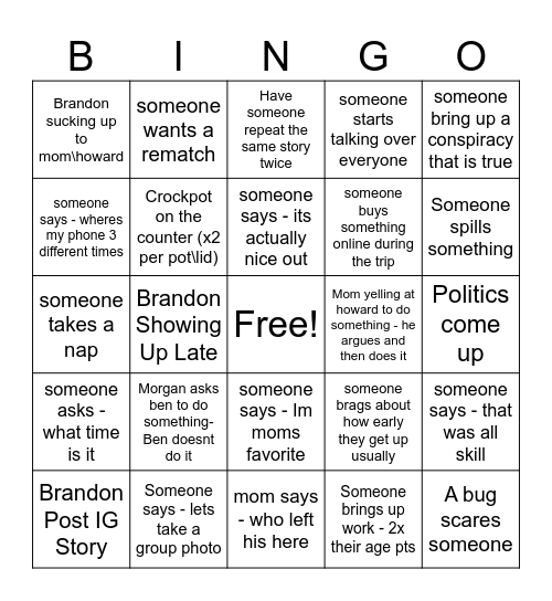 Family Weekend Bingo Card