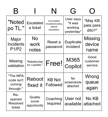 WB IT Service Desk Bingo Card