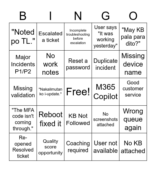 WB IT Service Desk Bingo Card