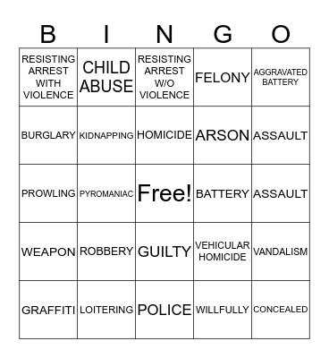 ABC's OF CRIME Bingo Card