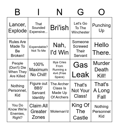 Fate Silly Apocrypha Bingo Card