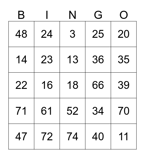 Full Color Bingo Card
