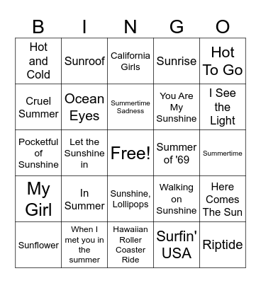 Hot Summer Day Songs Bingo Card