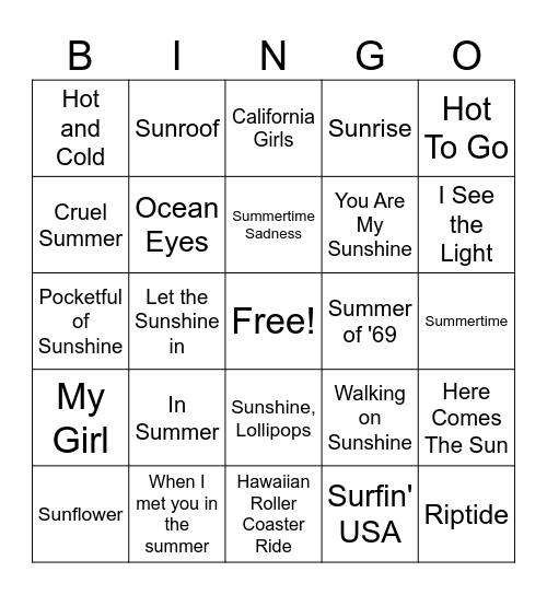 Hot Summer Day Songs Bingo Card