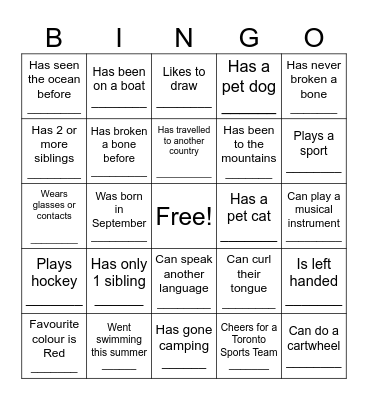 Grade 4/5/ Class Bingo Card