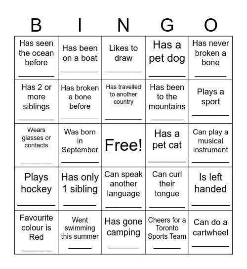 Grade 4/5/ Class Bingo Card