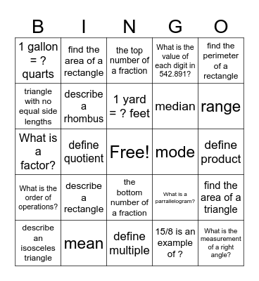 5th Math Vocabulary BINGO Card