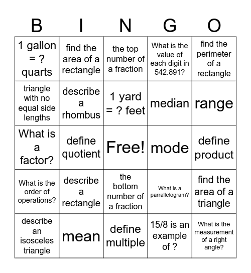 5th Math Vocabulary BINGO Card