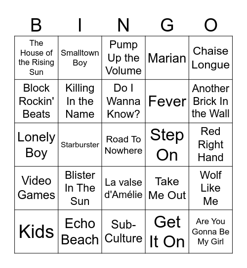 Indie Music Bingo Card