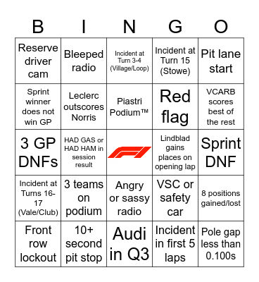 F1 Bingo - Great Britain 2026 Bingo Card