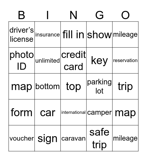 Rental Car Bingo Card