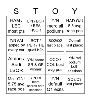 Silverstone 2026 Bingo Card