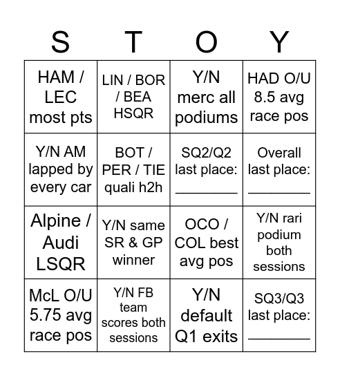Silverstone 2026 Bingo Card