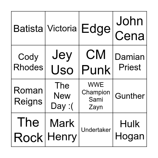 WWE Bingo 3 Bingo Card