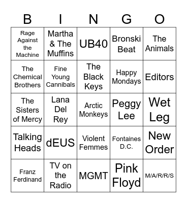 Indie Music - Artists Bingo Card