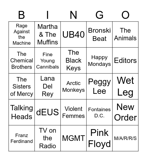 Indie Music - Artists Bingo Card