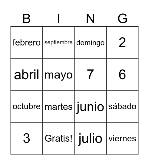 Dias, Meses, y numeros Bingo Card