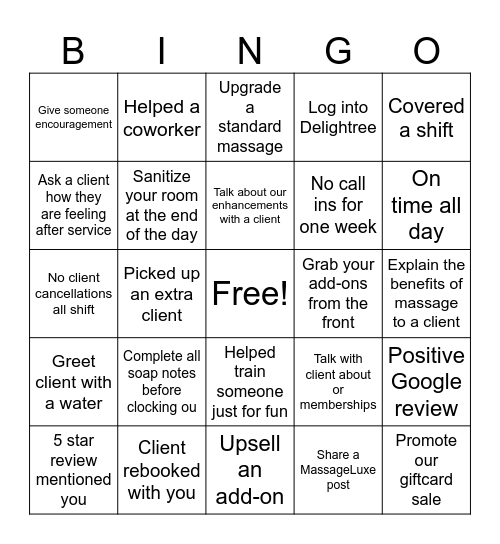 MassageLuxe Therapist Bingo Card