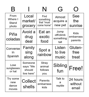 Walker Family Vacation Bingo Card