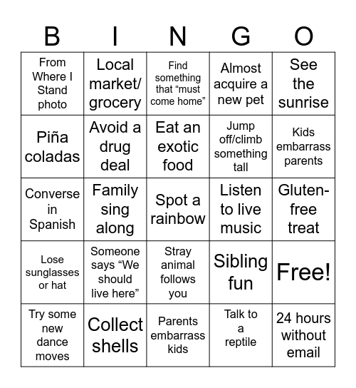 Walker Family Vacation Bingo Card