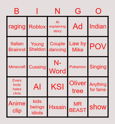 Shorts Bingo Card