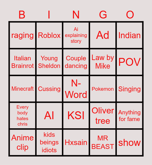 Shorts Bingo Card