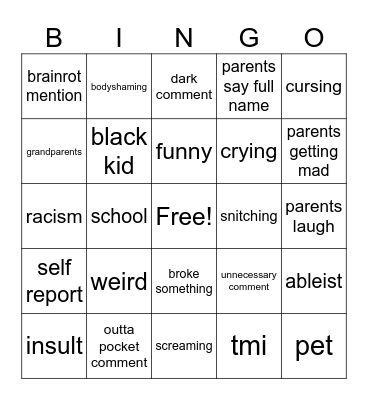 kids being too honest Bingo Card