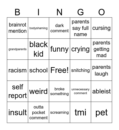 kids being too honest Bingo Card