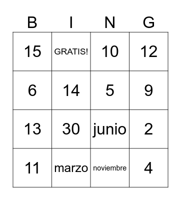 Números y Meses Bingo Card