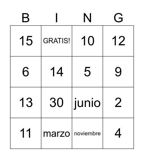 Números y Meses Bingo Card