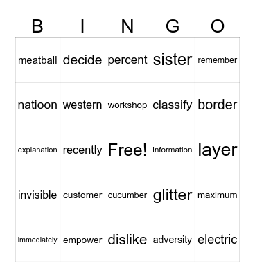 Counting Syllables! Bingo Card