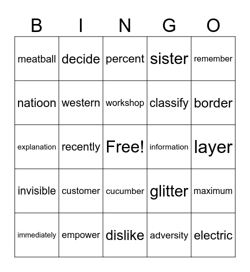 Counting Syllables! Bingo Card