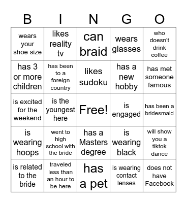 Bridal Bingo Card