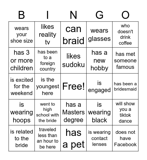 Bridal Bingo Card