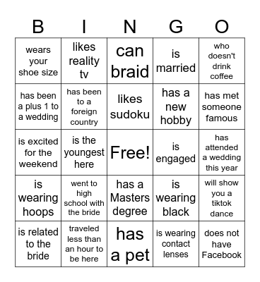 Bridal Bingo Card