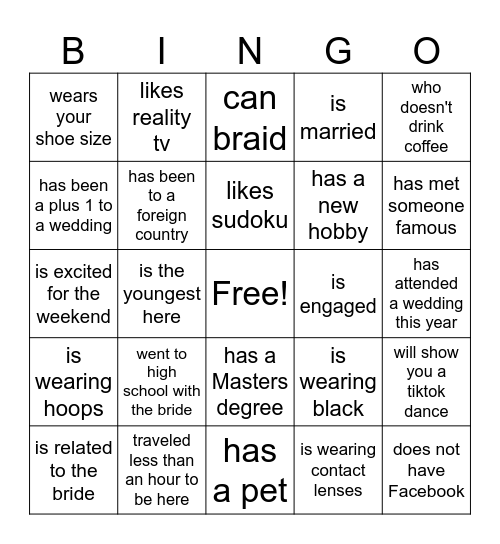 Bridal Bingo Card