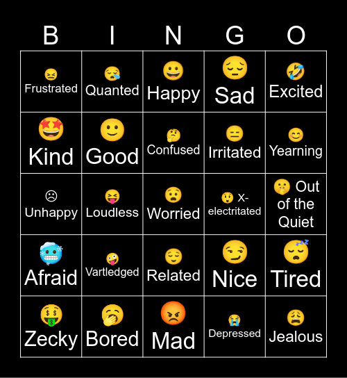 Feelings and Emotions alphabet Bingo Card