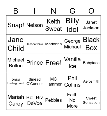 Artists Of The Billboard Year-End Of 1990 Bingo Card