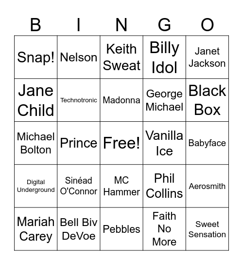 Artists Of The Billboard Year-End Of 1990 Bingo Card