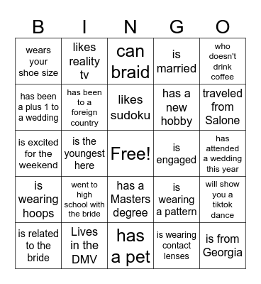 Bridal Bingo Card