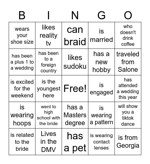 Bridal Bingo Card