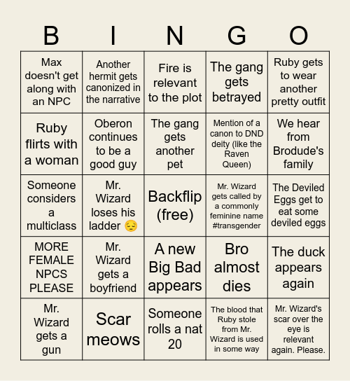 GIGGS DND Session 7 Bingo Card