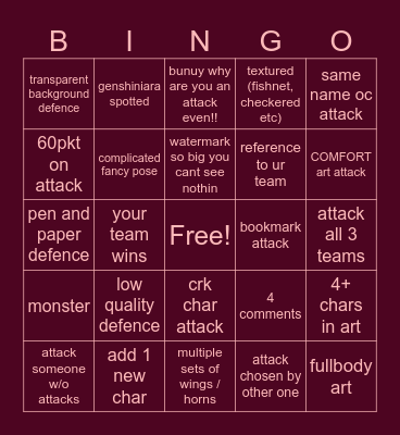 artfight Bingo Card