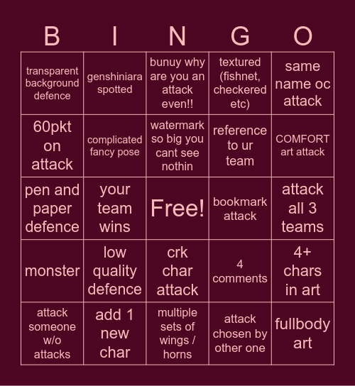 artfight Bingo Card
