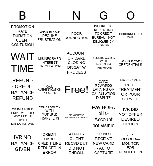 Complaints Bingo Card