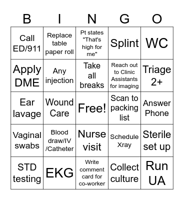 Camas Urgent Care Bingo Card