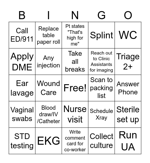 Camas Urgent Care Bingo Card