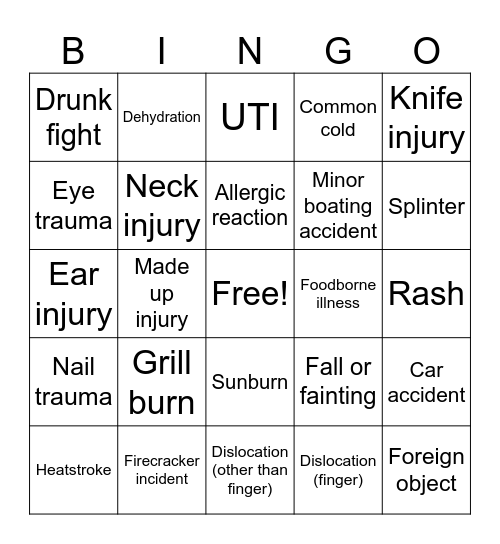 Corey’s Fourth Party Bingo Card
